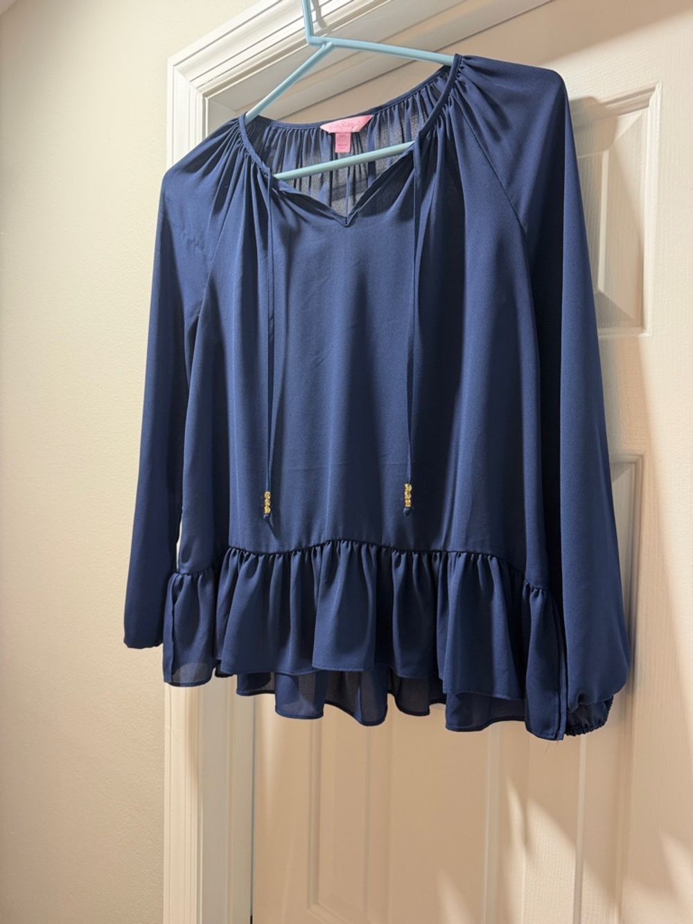 Lilly Pulitzer Navy Ruffle Hem Long-Sleeve Tie Blouse